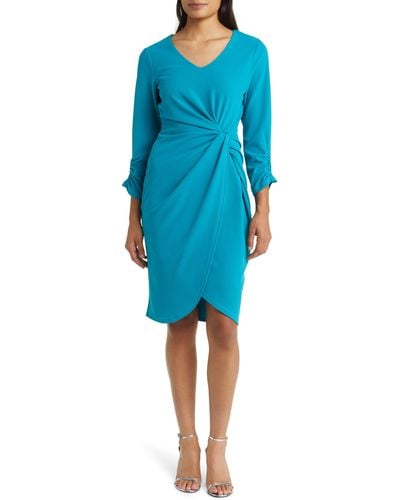Tahari Side Knot Long Sleeve Knit Dress - Blue