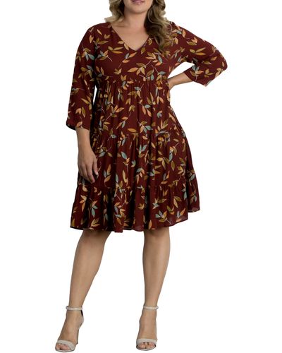 Kiyonna Issy Leaf Print Tiered Tunic Babydoll Dress - Brown
