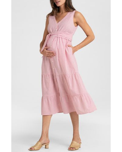 Seraphine Stripe Cotton Maternity/nursing Midi Sundress - Pink