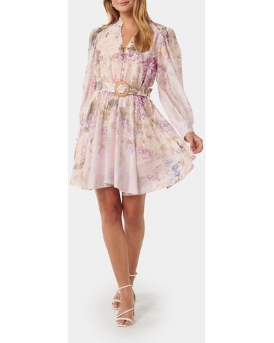 EVER NEW Vienna Lace Trim Belted Long Sleeve Shirtdress - Pink
