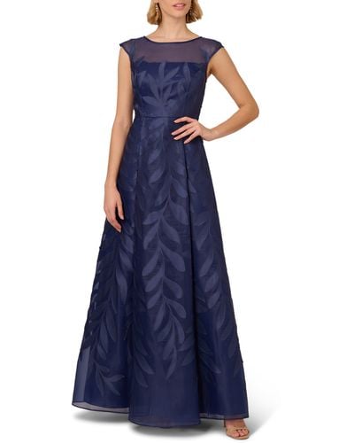 Adrianna Papell Leaf Appliqué Organza Gown - Blue