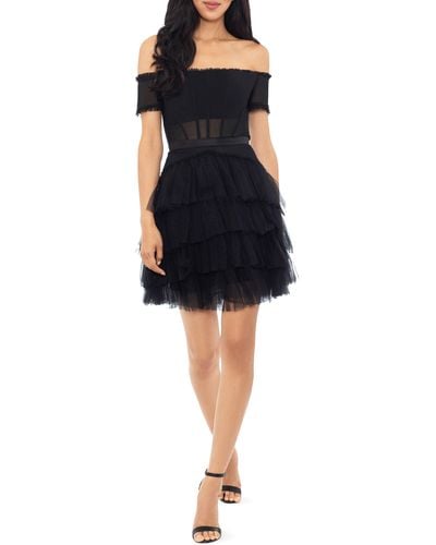 Betsy & Adam Corset Tiered Ruffle Off The Shoulder Tulle Minidress - Black