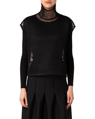 Akris Two-piece Silk & Cotton Rib Sweater With Mesh Overlay Top - Black