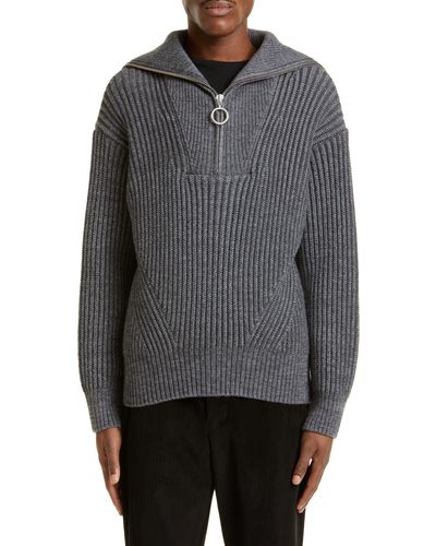 Ami Paris Rib Virgin Wool Quarter Zip Sweater - Gray