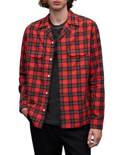 AllSaints Recon Realxed Fit Plaid Long Sleeve Camp Shirt - Red