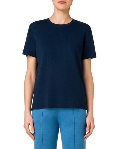 Akris Reversible Short Sleeve Wool & Silk Double Knit Sweater - Blue