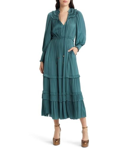 Moon River Long Sleeve Crinkle Satin Tiered Maxi Dress - Green