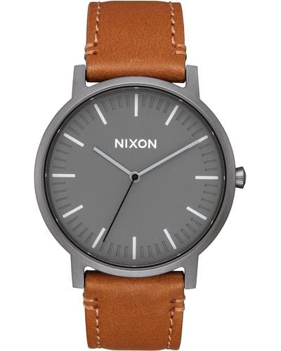 Nixon Porter Round Leather Strap Watch - Gray