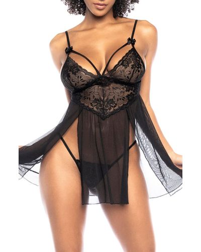 MAPALE Strappy Lace & Mesh Chemise & G-string - Black