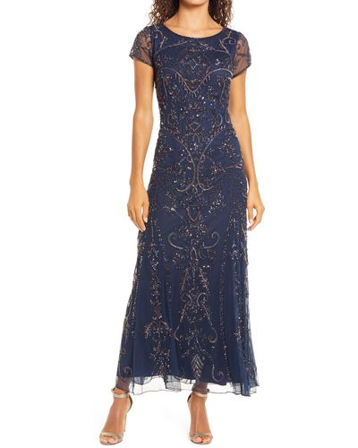 Pisarro Nights Beaded Mesh Midi Cocktail Dress - Blue