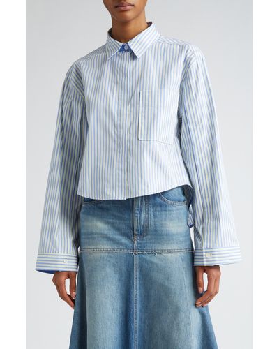 Victoria Beckham Stripe Crop High-low Organic Cotton Button-up Shirt - Blue