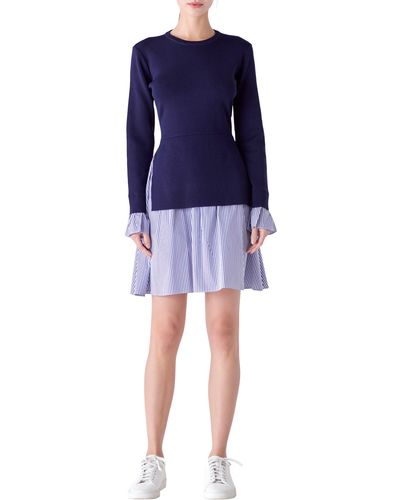 English Factory Combo Knit & Poplin Dress - Blue