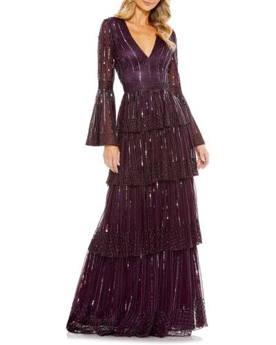 Mac Duggal Sequin Stripe Long Sleeve Tiered Ruffle Gown - Purple