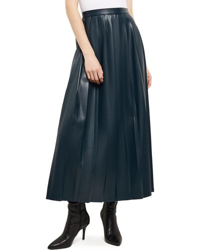 Misook Pleated Faux Leather A-line Midi Skirt - Blue