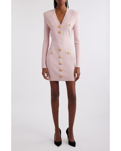 Balmain Button Detail Long Sleeve Rib Sweater Dress - Pink