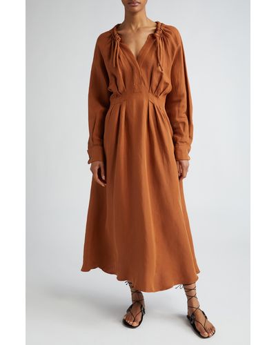 Max Mara Drina Pleated Waist Long Sleeve Linen & Silk Dress - Brown