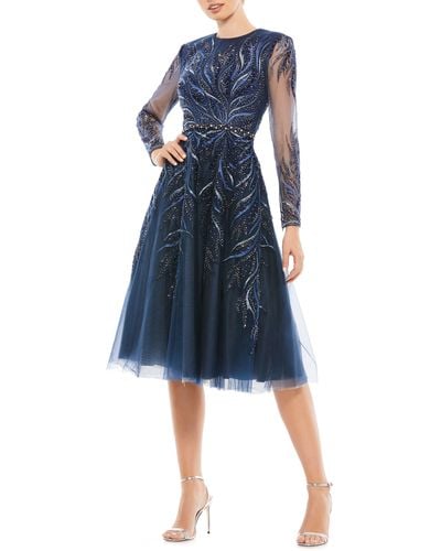 Mac Duggal Crystal Embroidery Long Sleeve Fit & Flare Cocktail Dress - Blue