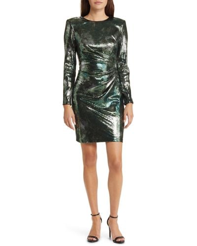 Vince Camuto Ruched Sequin Long Sleeve Body-con Dress - Green