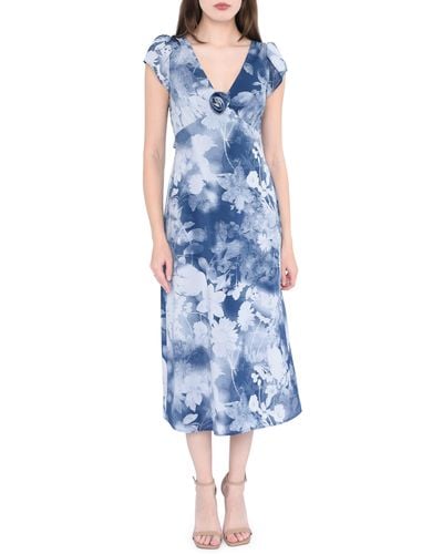 Wayf Gracie Floral Empire Waist Midi Dress - Blue