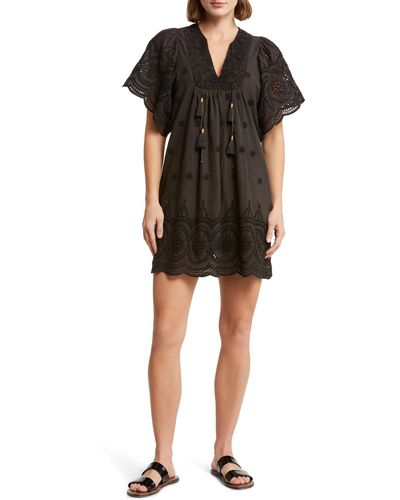 Alicia Bell Broderie Anglaise Flutter Sleeve Cotton Cover-up Dress - Black