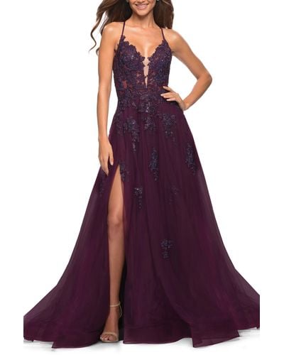 La Femme Floral Embroidered Tulle Ballgown - Purple