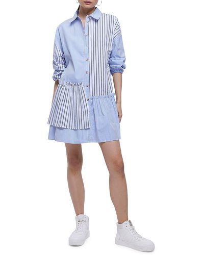 River Island Allie Stripe Ruffle Long Sleeve Shirtdress - Blue
