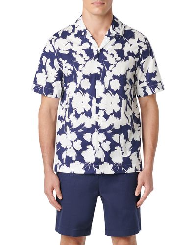 Bugatchi Jackson Shaped Fit Floral Print Short Sleeve Button-up Camp Shirt - Blue