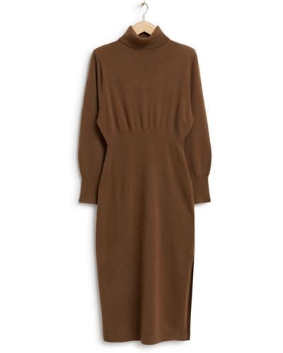 & Other Stories & Long Sleeve Padded Shoulder Turtleneck Wool Sweater Dress - Brown