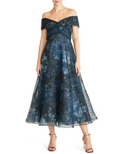 THEIA Auden Off The Shoulder Organza Midi Dress - Blue