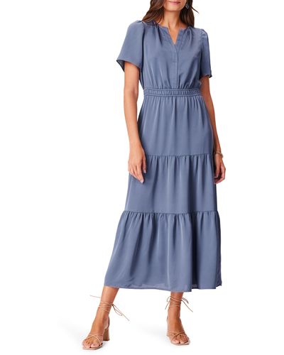 NIC+ZOE Nic+zoe Daydream Short Sleeve Tiered Maxi Dress - Blue