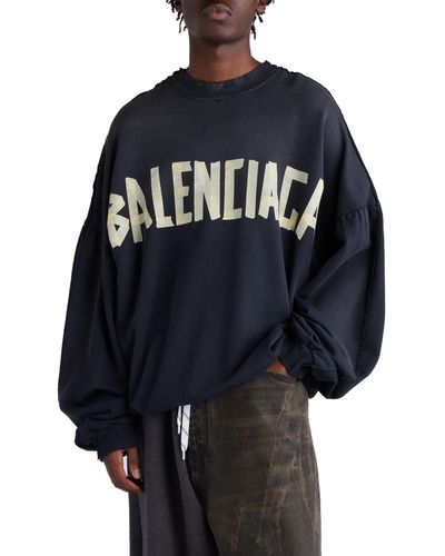 Balenciaga Double Front Oversize Embroidered Graphic Crewneck Sweatshirt - Blue