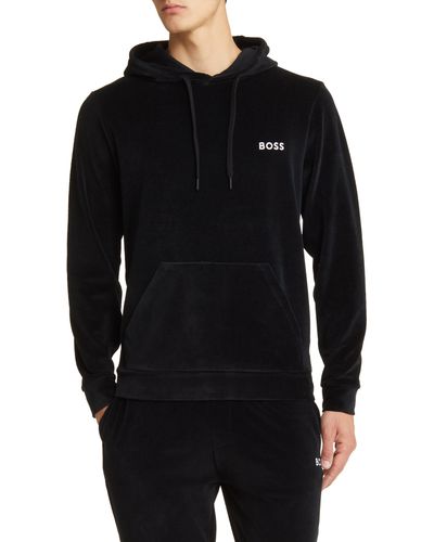 BOSS Heritage Logo Embroidered Velour Lounge Hoodie - Black