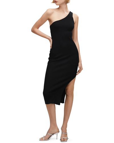 Mango One-shoulder Side Slit Rib Midi Dress - Black