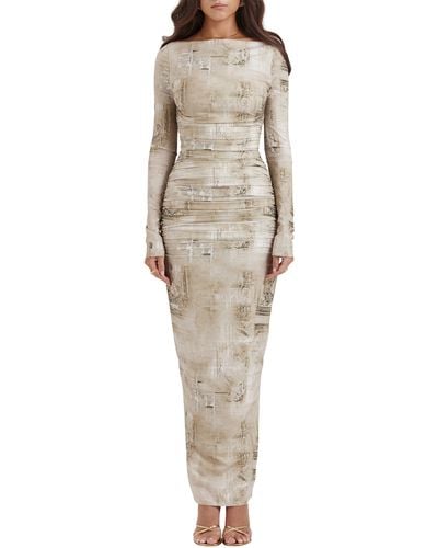 House Of Cb Lanetta Ruched Bateau Neck Long Sleeve Georgette Dress - Natural