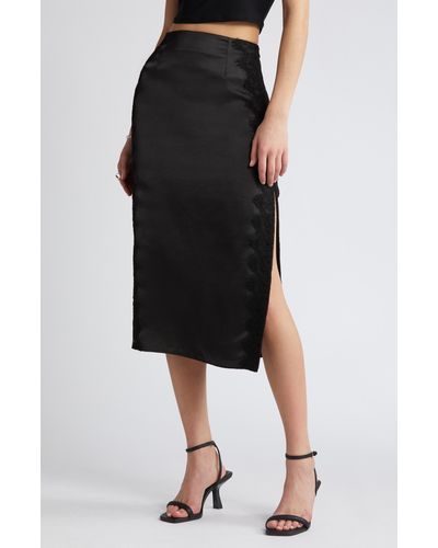 Open Edit Lace Panel Satin Skirt - Black