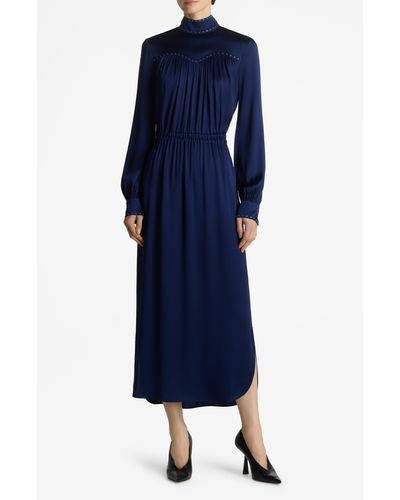 St. John Mock Neck Long Sleeve Satin Midi Dress - Blue