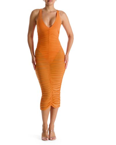 Naked Wardrobe Power Mesh Ruched Midi Dress - Orange
