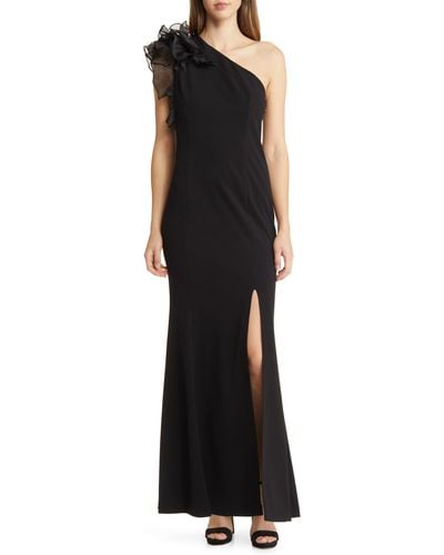 Marina Ruffle One-shoulder Crepe Gown - Black