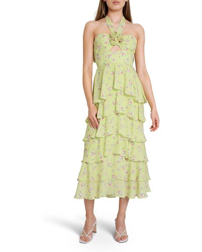 Wayf Paloma Floral Halter Neck Tiered Dress - Yellow