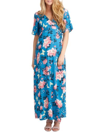 Nom Maternity Landon Maxi Wrap Maternity/nursing Dress - Blue
