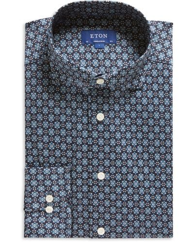 Eton Contemporary Fit Floral Medallion Knit Dress Shirt - Blue