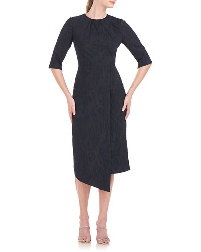 Kay Unger Gloria Asymmetric Floral Jacquard Drape Detail Cocktail Midi Dress - Black