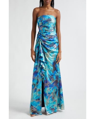 Ramy Brook Carr Metallic Floral Strapless Sheath Gown - Blue