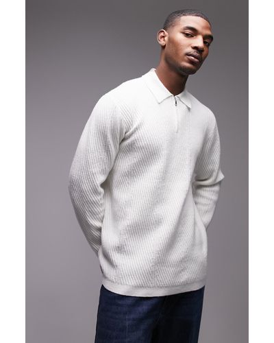 TOPMAN Chevron Rib Quarter Zip Sweater - Gray