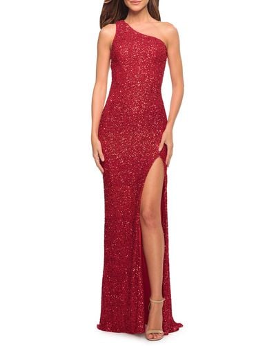La Femme One-shoulder Sequin Gown - Red