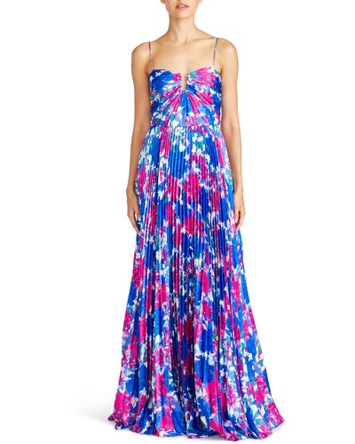 ML Monique Lhuillier Evelyn Floral Pleated Satin Gown - Blue