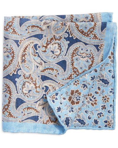 Edward Armah Paisley & Floral Prints Reversible Silk Pocket Square - Blue