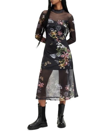 AllSaints Hanna Sanibel Floral Print Long Sleeve Mesh Maxi Dress - Black
