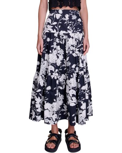 Maje Tiered Floral Cotton Maxi Skirt - Blue
