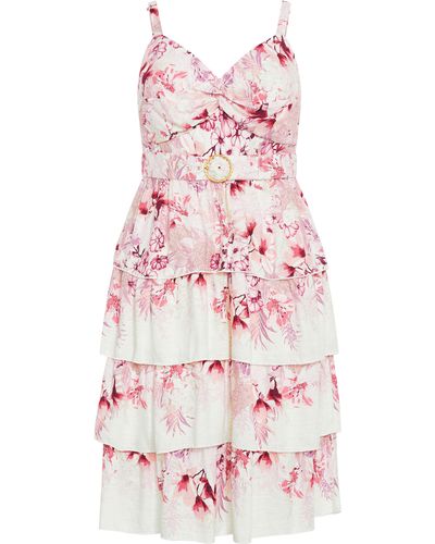City Chic Isabella Floral Belted Tiered Dress - White